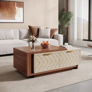 Extendable Coffee   2 Storage Drawers, Dual-Tone Center   Sliding Tabletop, Multi-Functional Hidden Storage Wooden Rectangle Cocktail  For Living Room, Walnut & Oak table Mirrored Console with Inlay Marble Dining Mobile Standing Desk Wheels