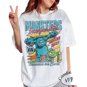 Comfort Colors Retro Monsters Incorporated Since 2001 We Scare Because We Care T-Shirt, Sulley & Mike Monster Inc Family Matching Tee