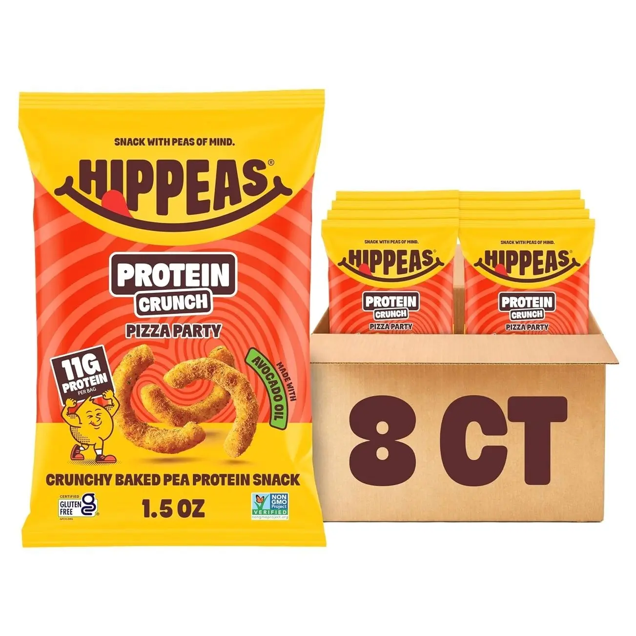 Hippeas Pizza Party Protein Puffs, 8 x 1.5 Oz Bags, Baked Crunchy Pea Puffs with 11g Plant Protein & Avocado Oil, Non-GMO, Kosher, Dairy & Gluten Free, Vegan Snacks, Savory Pizza Flavor