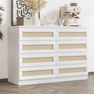 【GARVEE】White Rattan Dresser with 8 Drawers - Versatile Double Wood Chest for Bedroom, Living Room, Entryway, Hallway, Closet, and More