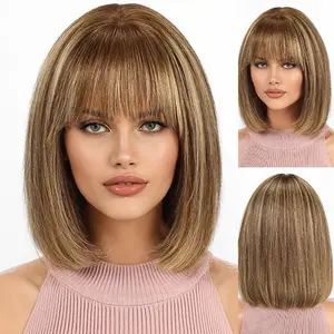 Jessie's Wig [Amara] Ombre Ash Blonde Brown Bob Straight Wig With Bangs 5x5 Lace Closure Wig Remy Human Hair