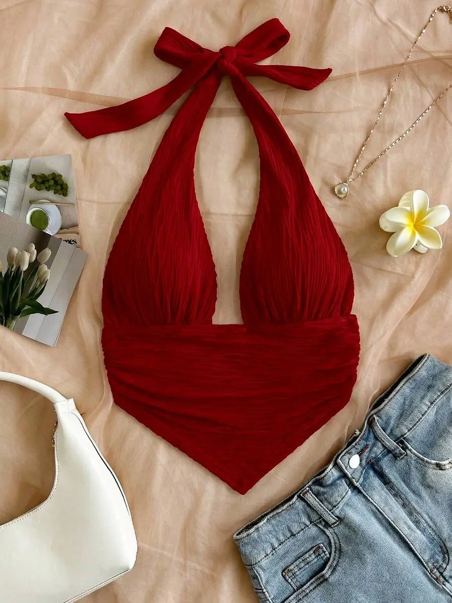 VYNCE Halter Neck Triangle Hem Textured Knit Tank Top Sexy Backless Slim Fit Summer Top for Music Festivals and Beach Outfits