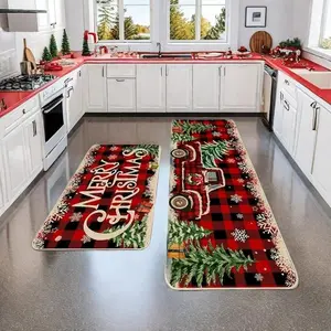 Christmas Themed Kitchen Floor Mat, 2 Counts Cartoon Pattern Kitchen Mat, Rectangular Carpet for Home Living Room Bedroom Festive Traditional Easy To Clean