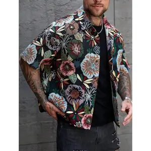 Manfinity Homme Men's Casual Daily Wear, Perfect For Seaside Vacations, Featuring An INS-Style Loose Casual Shirt With A Creative Colorful Floral Graffiti Illustration And Asymmetrical Color-Blocking Design.