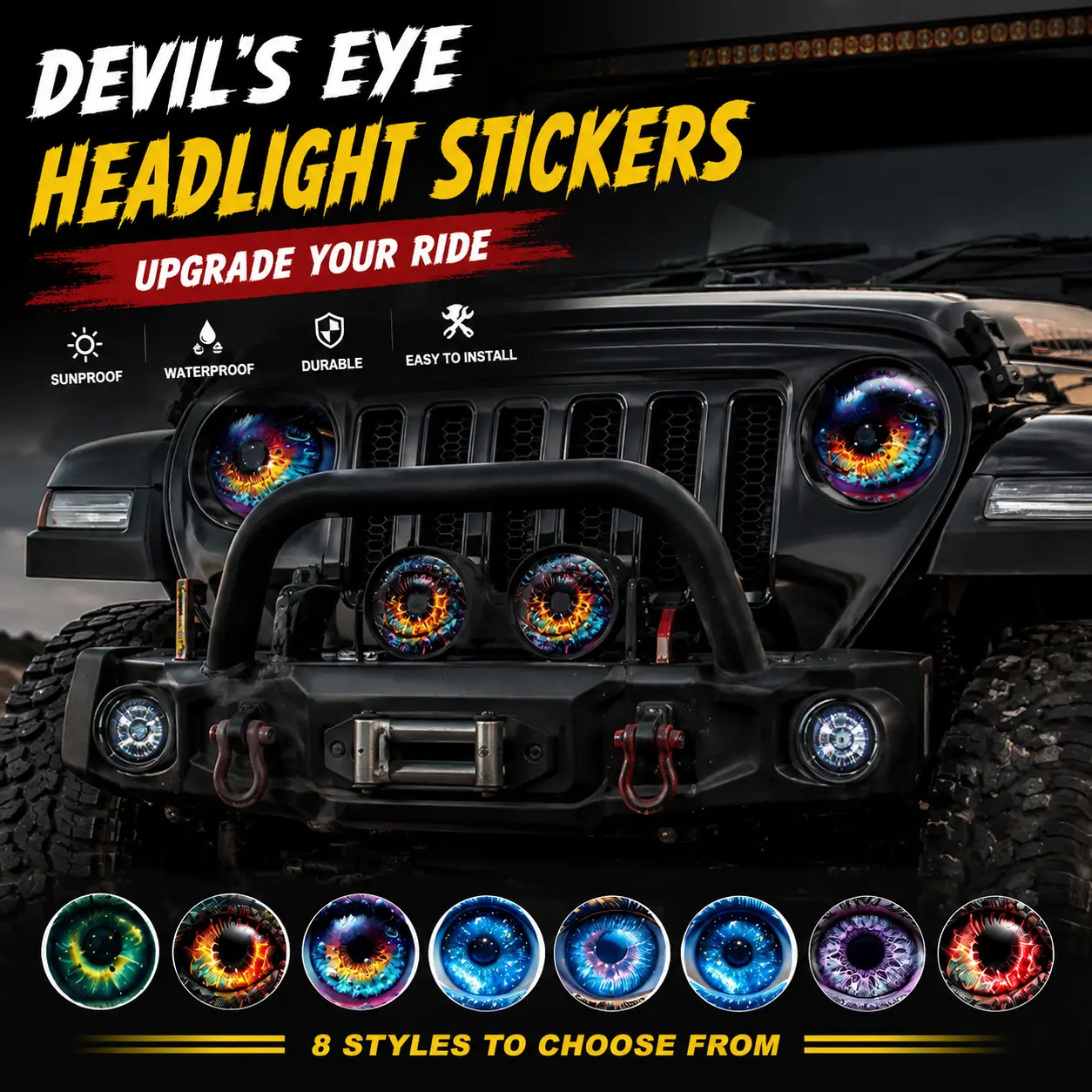 Devil Eye Headlight Decal Stickers for Jeep Wrangler JK JL & Gladiator, Waterproof Demon Eye Vinyl Wrap, Peel-and-Stick Exterior Mod