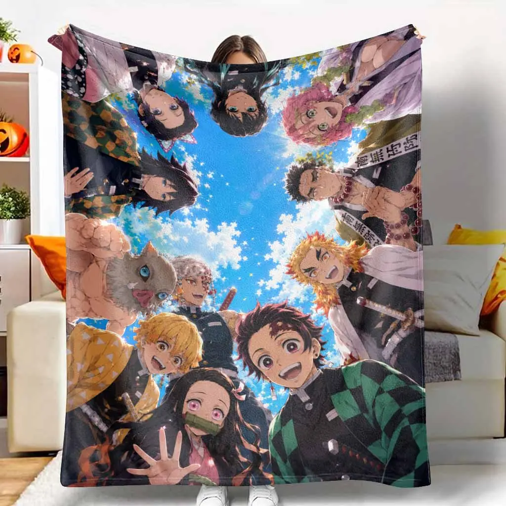 Anime Style Flannel Blanket Demon Slayer Group Characters Pattern Soft Lightweight Durable Throw Cozy Bedding For Living Room Sofa Travel Camping Movie Night Watching Birthday Gift Decor