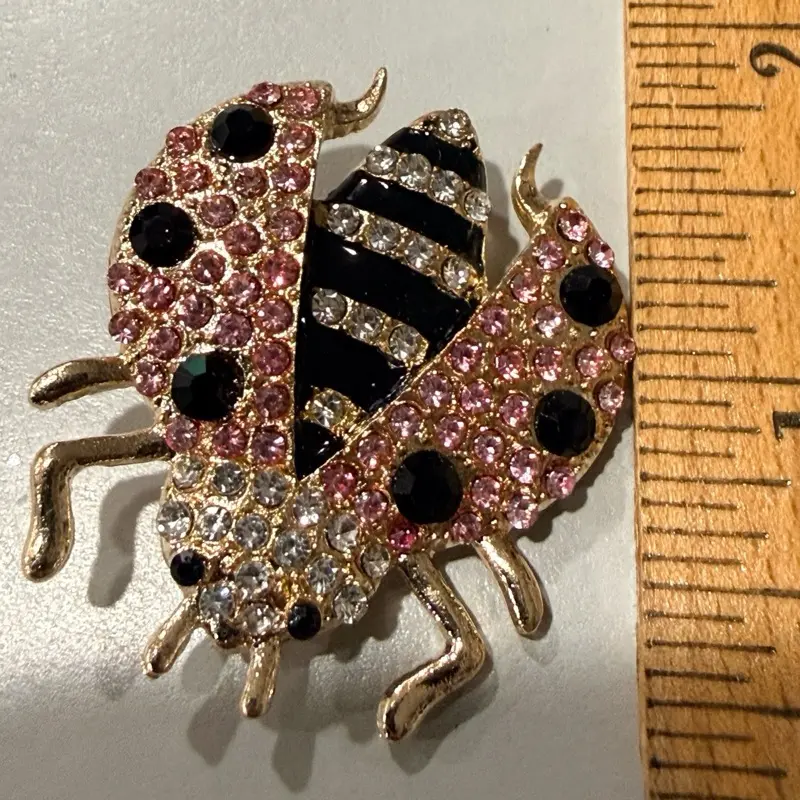 Pink and black lady bug brooch