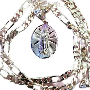 Regular Chain 22" 4mm Virgen de Guadalupe Necklace with Iconic Tricolor Pendant Gold Plated Amulet for Everyday Wear