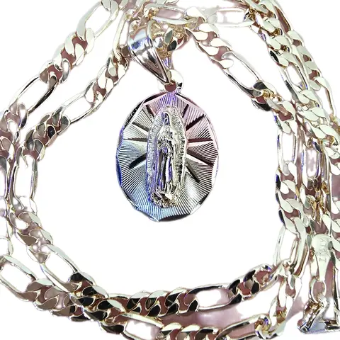 Regular Chain 22" 4mm Virgen de Guadalupe Necklace with Iconic Tricolor Pendant Gold Plated Amulet for Everyday Wear