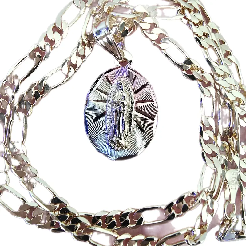 Regular Chain 22" 4mm Virgen de Guadalupe Necklace with Iconic Tricolor Pendant Gold Plated Amulet for Everyday Wear