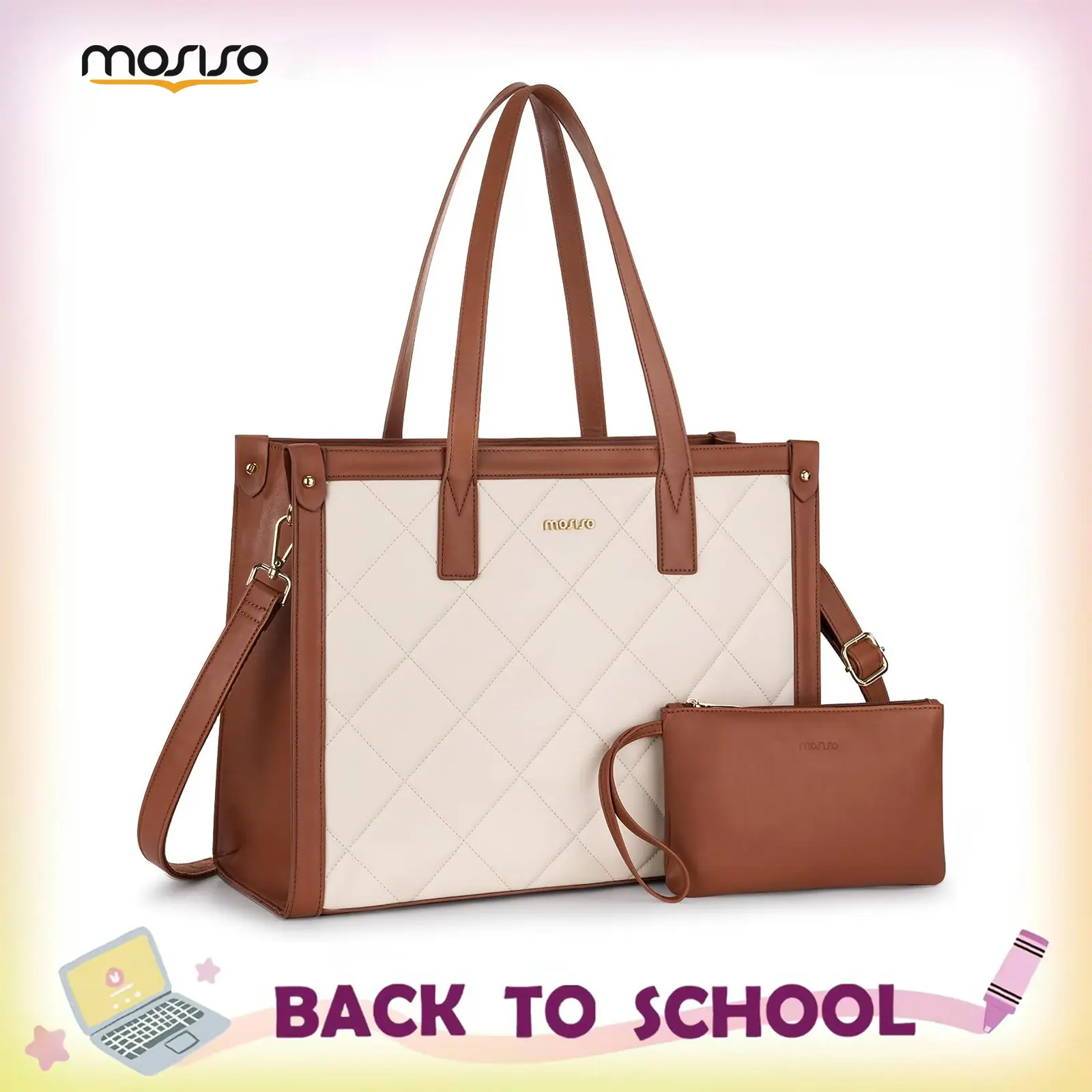 MOSISO Women's Rhombus Quilted PU Leather Laptop Tote Bag, Waterproof 15.6-Inch Business Briefcase with Removable Clutch, Adjustable Strap, Zip Closure, High-Capacity, Chic