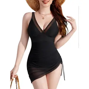 Women's One Piece Swimdress Full Coverage Tummy Control Slimming Bathing Suit Mesh Sheer Sarong Wraps Flattering Women