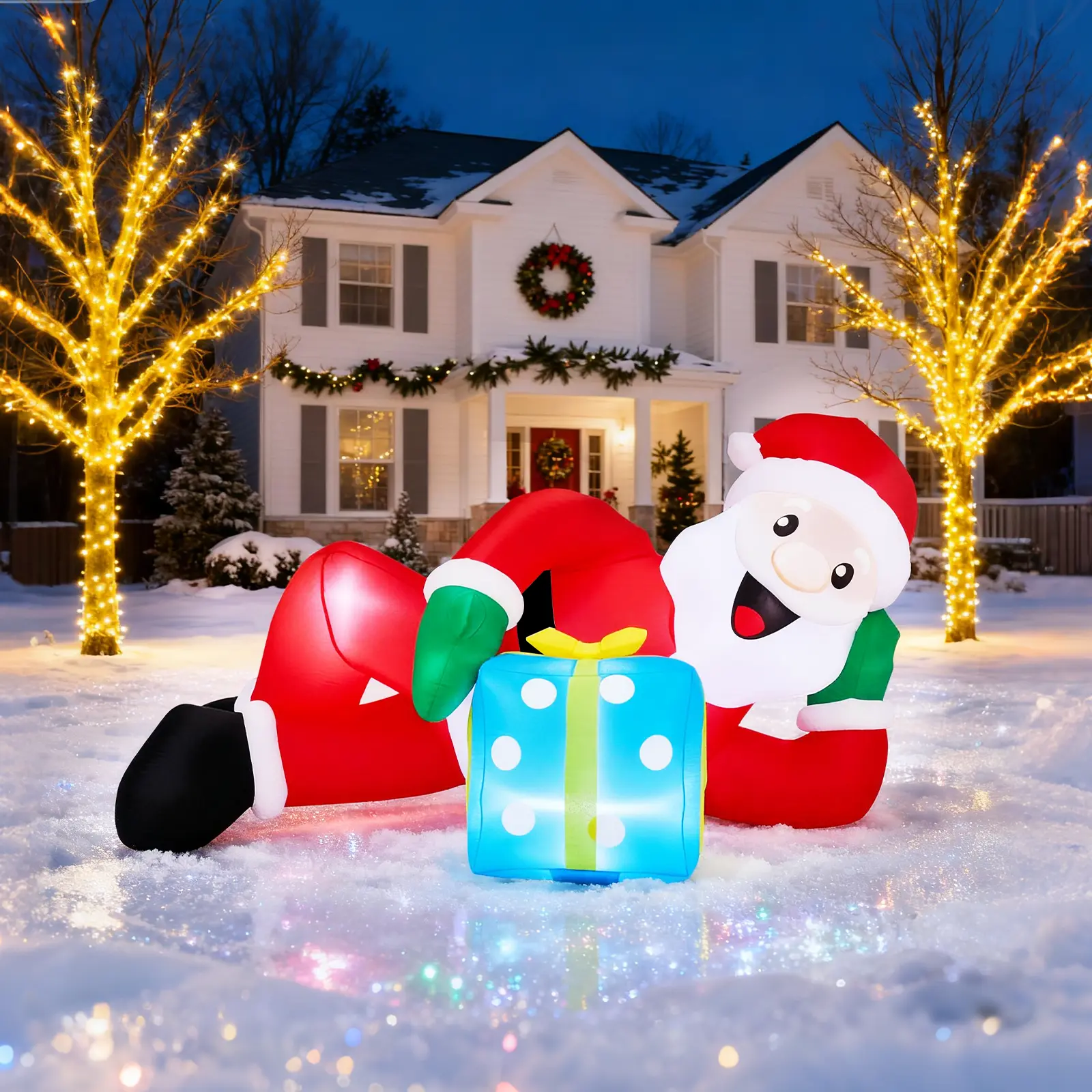 VINGLI 7FT Lighted Christmas Inflatable Decoration Santa Lying on Floor with Gift Box LED Lights for Holiday Party Yard Lawn Garden Decor Waterproof Polyester Plastic Set