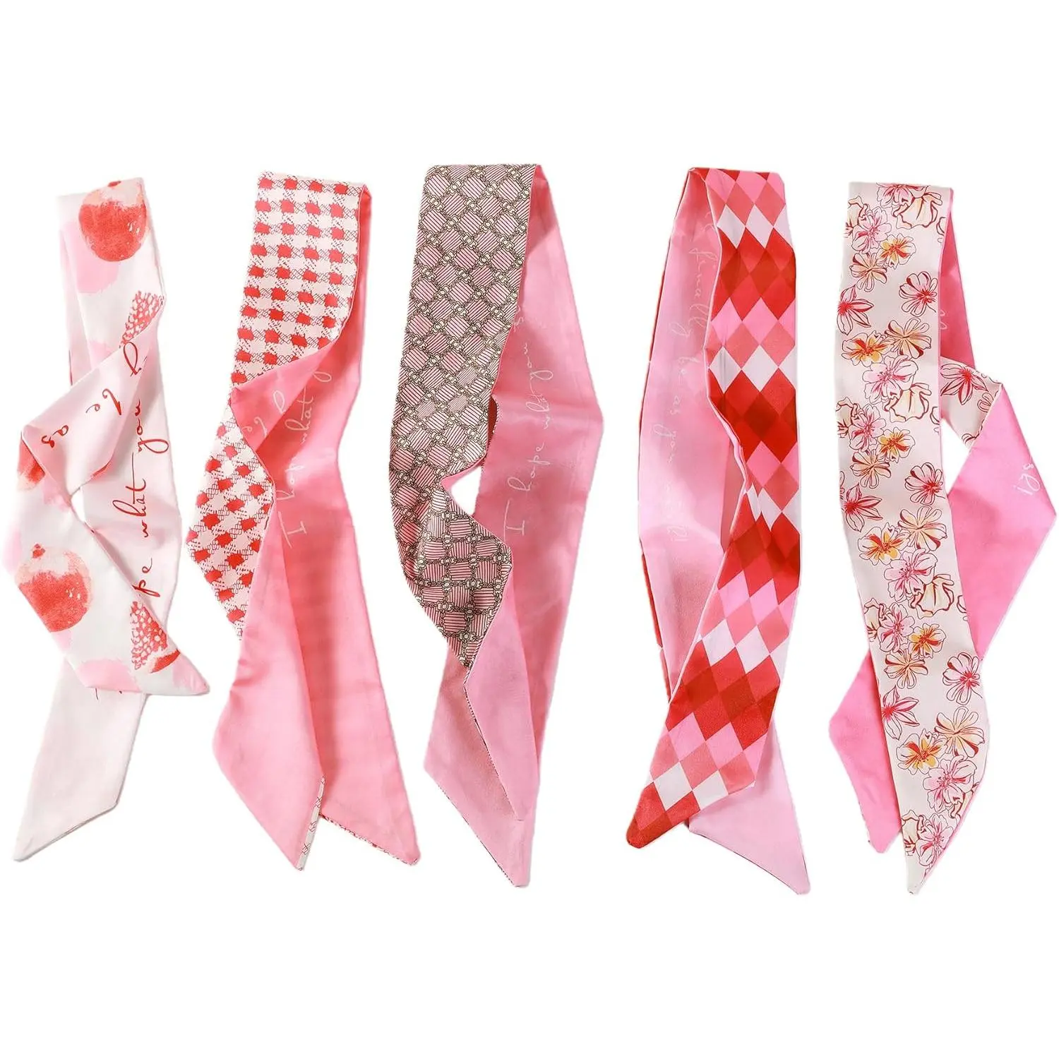 5-Pack Printed Skinny Twilly Scarves for Women - Silky Hair Tie, Neck Band, & Trendy Bag Charms, Purse Accessories for Handbags, Girly Purse Accessories, Handbags Bag Accessory