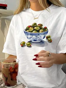 Women's Olive & Hand Print Round Neck Tee, Casual Fashion Short Sleeve T-shirt for Daily Wear, Ladies Clothes for All Seasons, Womenswear Top