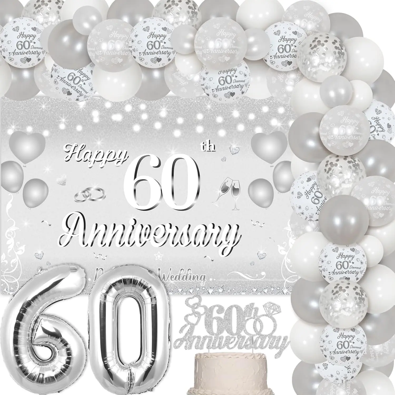 60Th Diamond Wedding Anniversary Decorations - Silver And White Balloon Garland Arch KitHappy 60Th Anniversary BackdropCake TopperFoil Balloons For 60 Year Wedding Anniversary Party