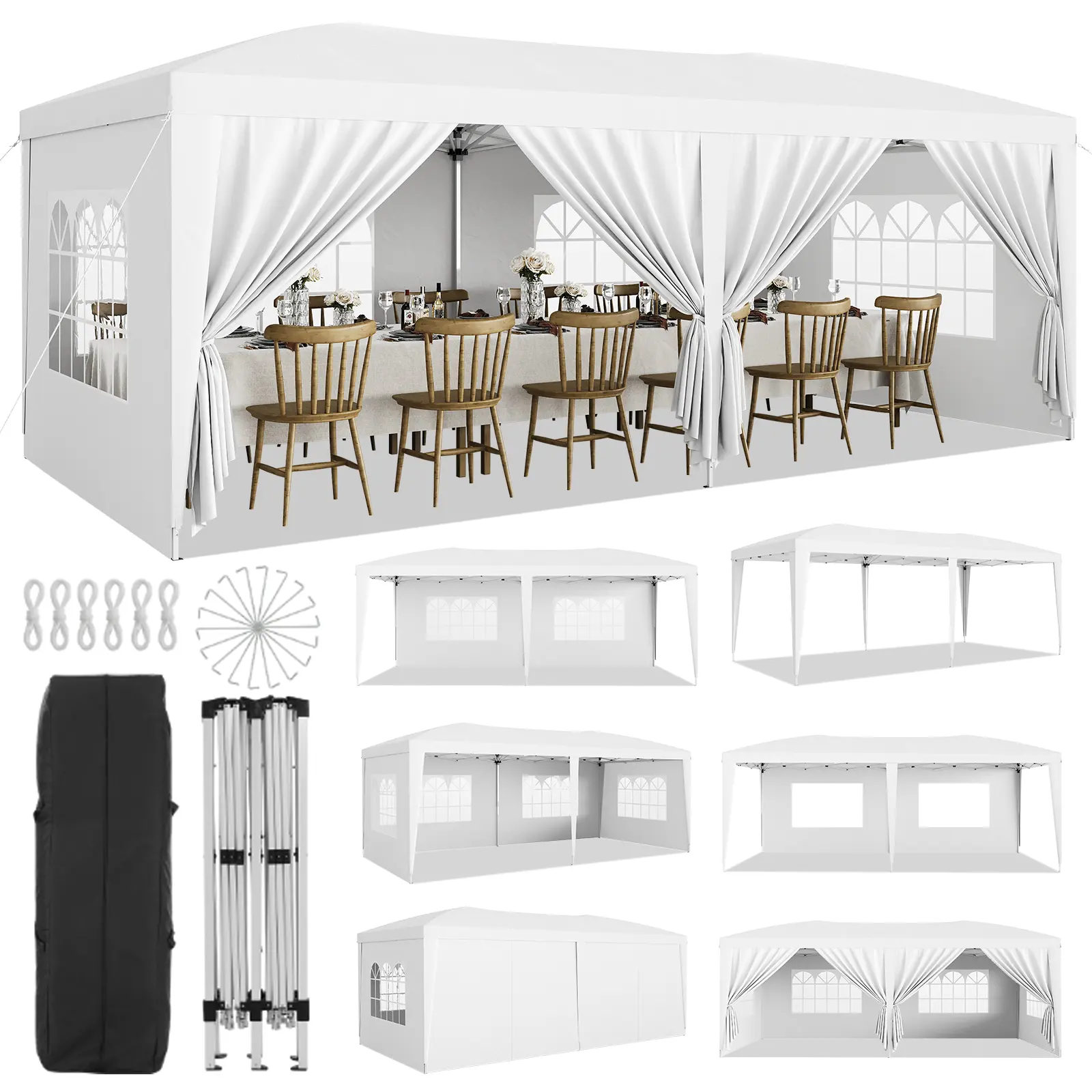 10x20 ft Pop Up Canopy Tent, Heavy Duty Waterproof Gazebo with 6 Removable Sidewalls, 3 Adjustable Heights, Quick Setup – Complete with 18 Stakes and 6 Ropes – Perfect for Parties, Events, Patio or Garden, White