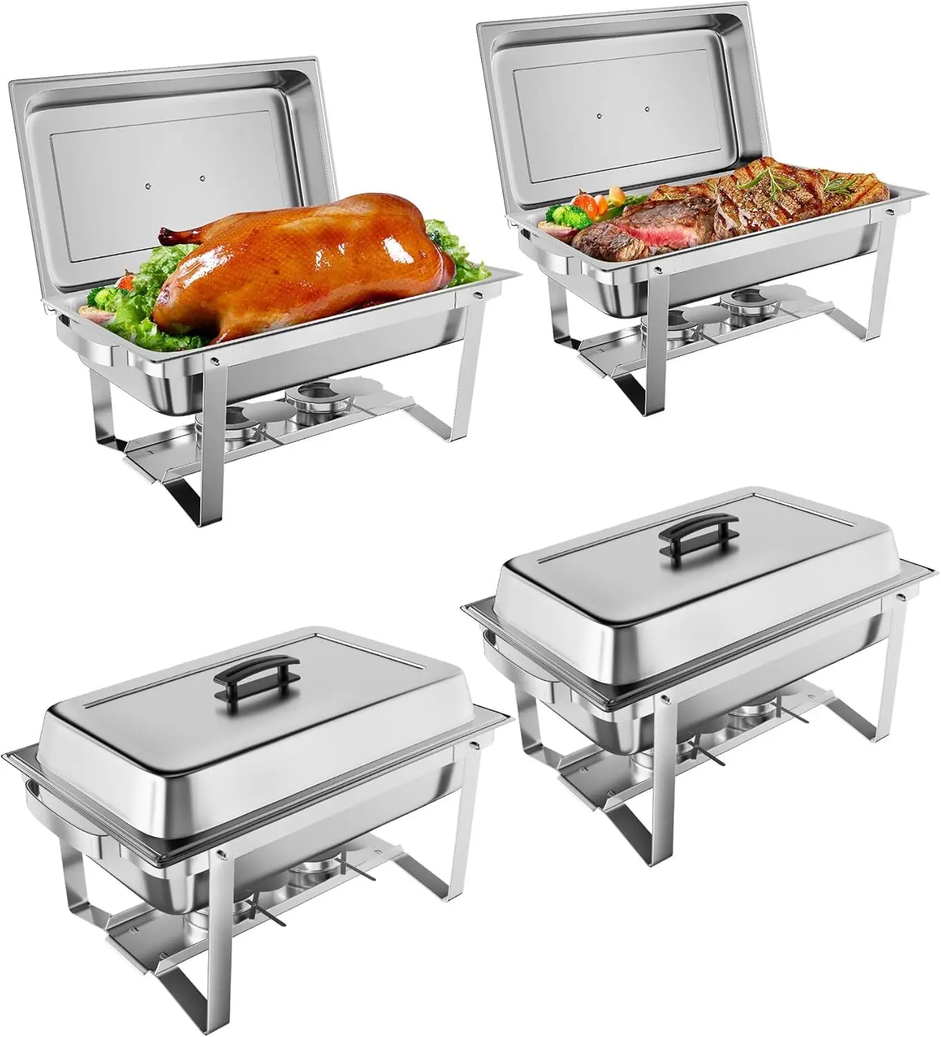 Stainless Steel Chafing Dish Buffet Set - 4-Pack 8QT NSF Certified Food Warmer with Handles, Full Size Tray, Water Pan, Chafing Fuel Holder, Temperature Control, Quick Cleanup, Easy to Install for Parties, Hotels