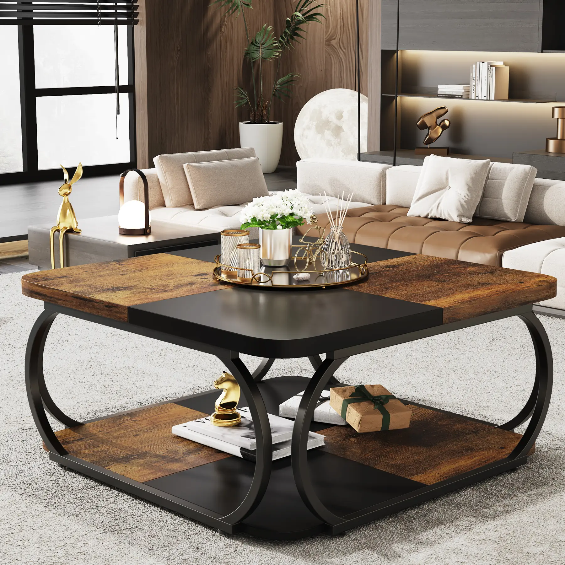 39-Inch Square Coffee Table, Two-Tier Vintage Wooden Cocktail Table with Curved Metal Frame