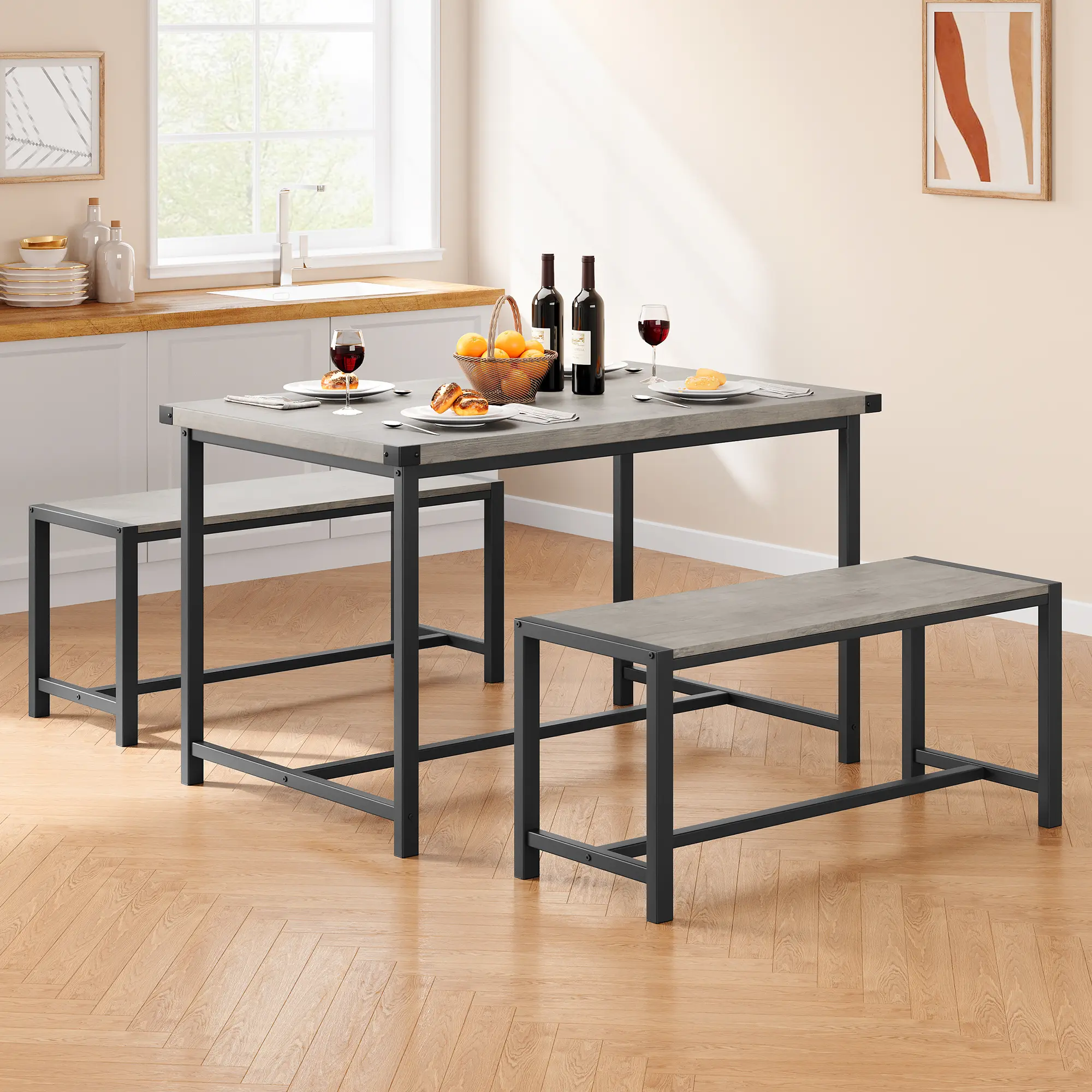Space-Saving 3-Piece Dining Table Set for 4-6 – Modern Rectangular Kitchen & Dining Room Furniture – 2 Benches – Sturdy Construction – Easy to Assemble – Ideal for Small Apartments or Homes – Rustic Brown and Gray