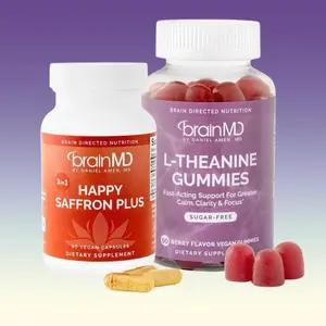 Best Of BrainMD Bundle - Happy Saffron Plus & L-Theanine Gummies - Vegan, Sugar-Free, Stress Relief, Mood Boost, Focus Enhancer