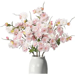 KHOYIME Artificial Cherry Blossom Branches 4PCS Pink White Fake Silk Flowers Faux Long Stems Realistic Cherry Floral Plants Spring Decor for Vase Table Centerpiece Indoor Home Office Wedding Party