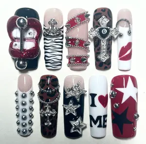 Y2K Punk Nails with 3D Tongue Piercing, Chains, Zebra Print, Leopard, Stars, Chrome Studs, Lip Art & “I ️ Me” – Alt Rock Emo Scene Nail Art Set