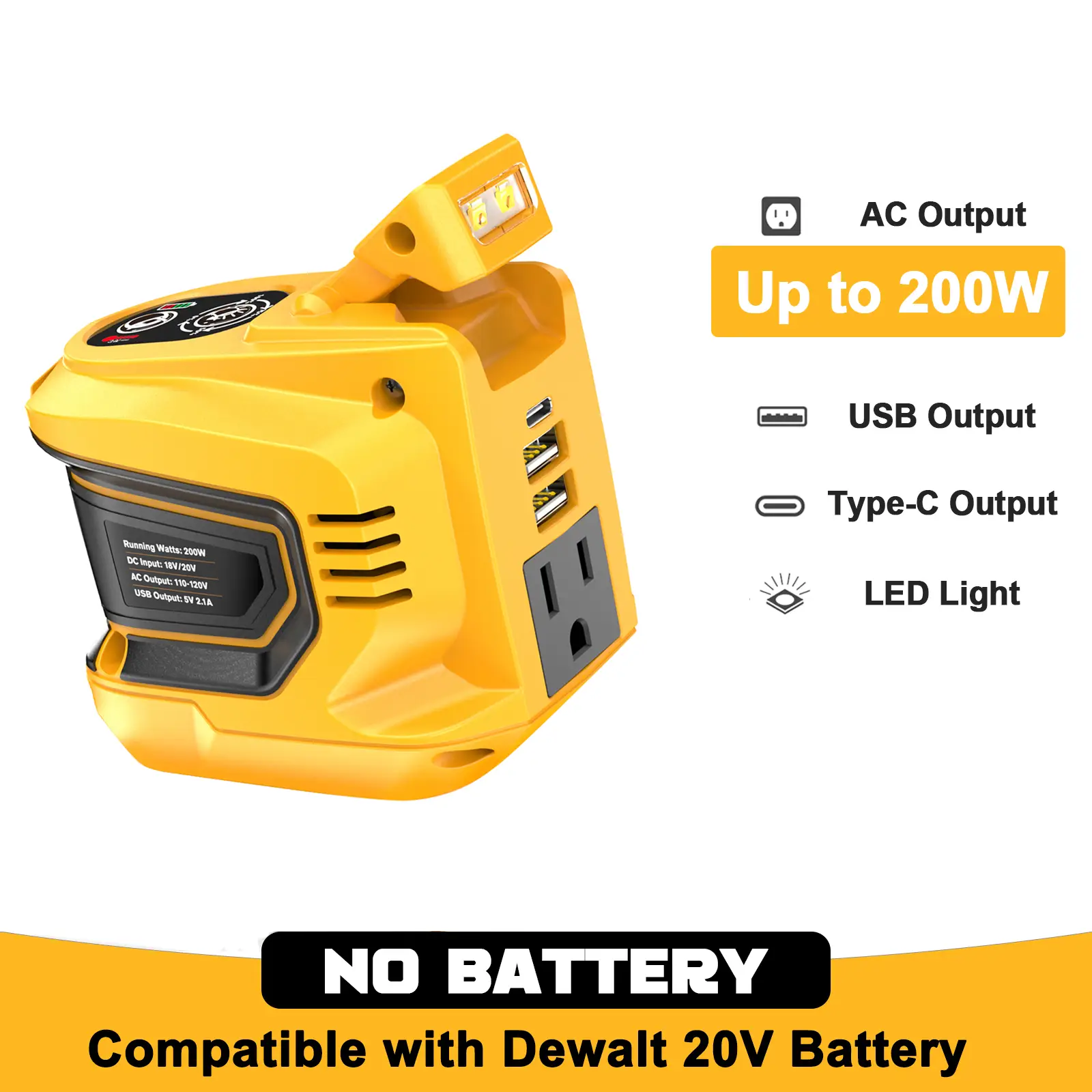 200W Power Inverter for Dewalt 20V Battery, Battery NOT Included, DC 20V to AC 110-120V Battery Inverter, Portable Power Station Generator with 2 USB