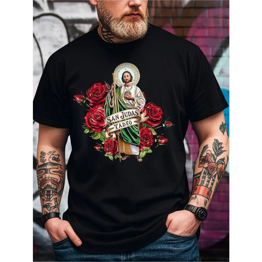 Summer t Shirts Men'S San Judas Tadeo Graphic T-Shirt, 100% Cotton Fabric, Crew Neck