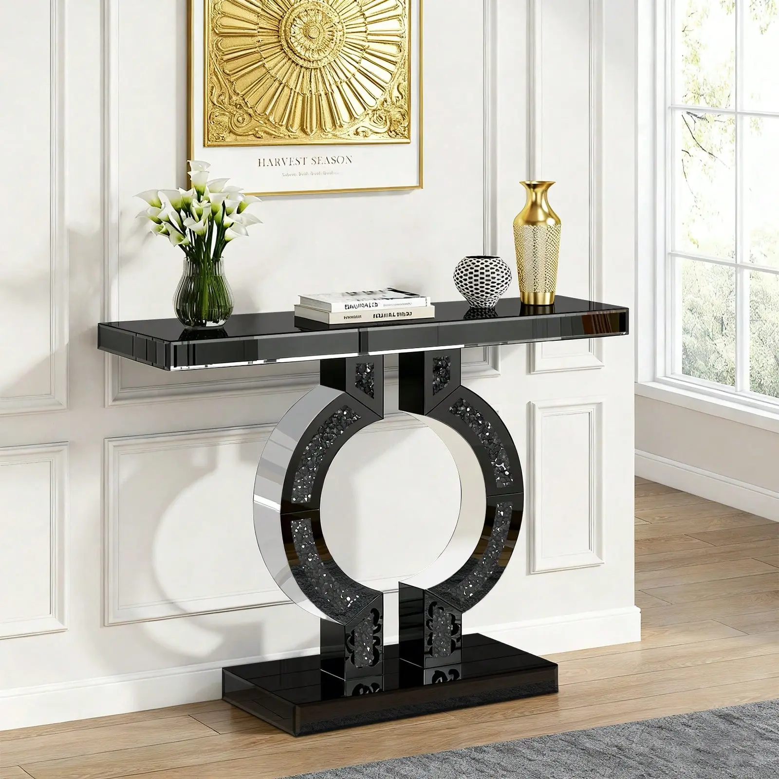 Modern Black Mirrored Console Table, Crushed Diamond Inlay Hollow Round Base, Glossy Sofa Side Table for Entryway, Hallway, Living Room Home Decor