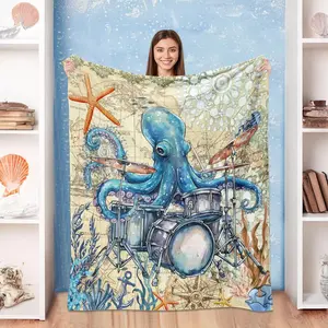 Octopus Throw Blanket, Vintage Soft Cozy and Warm Couch Blankets Gift for Octopus Lover, Decorative Blankets for Sofa Couch Bed, Blue Beigees