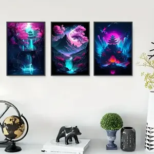 3pcs Japanese Neon Art Poster Canvas Wall Decor, Wooden Wall Art, Wood Frame Landscape Painting for Living Room Home Decoration, Mdf Material