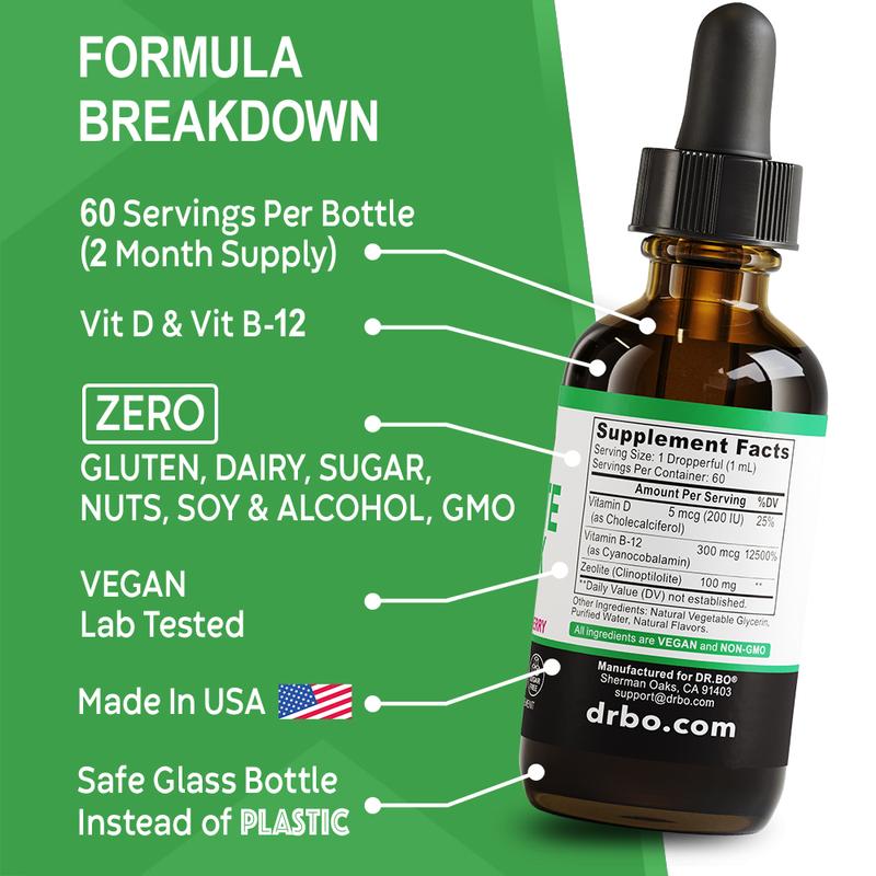 Dr. Bo Zeolite Detox Liquid Drops - Berry Flavored Daily Cleanse with Vitamin D & B12 - Energy, Mental Clarity & Immune Support - 60 Servings
