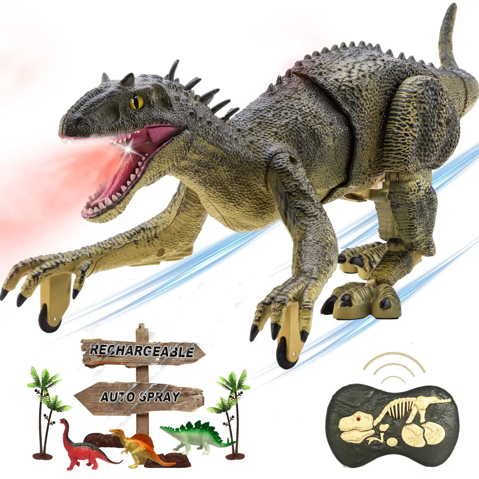 Remote Control Dinosaur T-Rex Toy for Kids Ages 3-7, RC Spray Raptor with LED Lights, Walking & Roaring, Rechargeable, Green