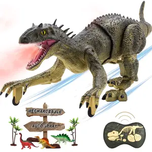 Remote Control Dinosaur T-Rex Toy for Kids Ages 3-7, RC Spray Raptor with LED Lights, Walking & Roaring, Rechargeable, Green