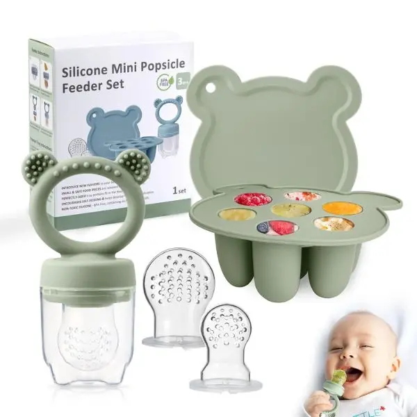 Halloween Fall Gift Silicone Baby Fruit Feeder & Freezer Tray Set, Breast Milk Popsicle Mold, BPA Free for 3+ Months, Includes Silicone Pouches (Sage)