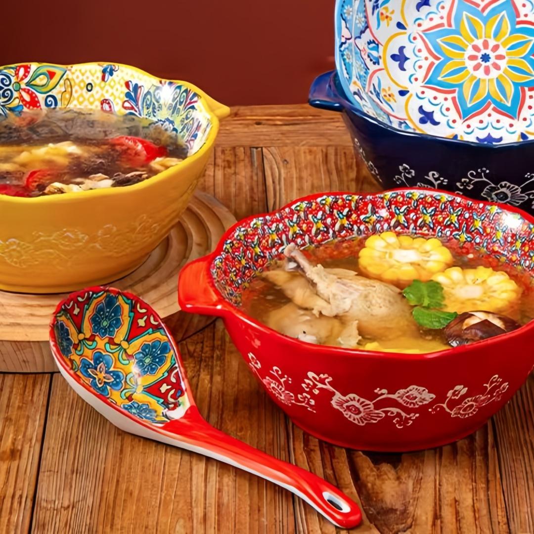 nonstick cooking spoon，3-piece set of ceramic large soup spoons, Bohemian-patterned dinnerware set, suitable for cooking, kitchen dinnerware set, dishwasher safe, extra-large miso soup spoon, large soup ladle, ramen spoon Cutlery