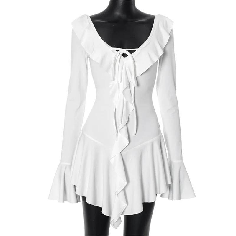 Ruffled Lace-Up White Mini Dress Women's V-Neck Patchwork Long Sleeve Sexy Slim Dress Bandage Elegant Female Summer Dress Casual Womenswear