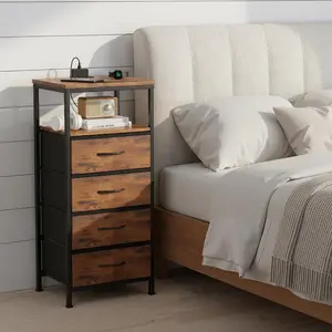 4 Drawer Fabric Dresser with Charging Station, LED Light Strip, USB/Type-C Ports & Outlets, Rustic Bedside Storage Tower – Rustic Brown Wood Grain Finish