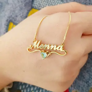 AS159 Personalized Custom Name Inlaid Birthstone Pendant Stainless Steel Cutting DIY Necklace Gift for Men and Women