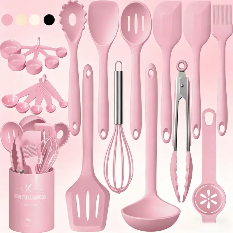 Pink Silicone Cooking Utensil Set Pack - 22-Piece Various Tools, Heat-Resistant, Dishwasher-Safe, Non-Stick Cookware-Compatible (Indoor Recreation Kitchen Accessory)