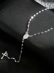 Cross Knecklace Rosary Unisex Elegant Design with Cross & Mary Simple Religious Jewelry Rhodium Plated Chain Stainless Steel Jesus Pendant for Daily Wear or Special Occasions