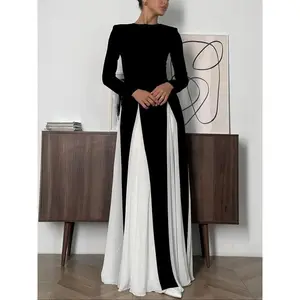 Elegant Colorblock Fashion Round Neck Long Sleeve Dress, Thin Fabric Fitted Style for Fall Season, Women's Casual Wear