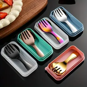 Stainless Steel Cutlery Set, 1 Set Including Fork & Spoon & Storage Box, Portable Tableware Set for Outdoor Camping Travel, Picnic Set, Camping Gear, Picnicware, Outdoor Camping Supplies, Camping Kitchenware, Hiking Essentials, Cutlery Utensil Sets