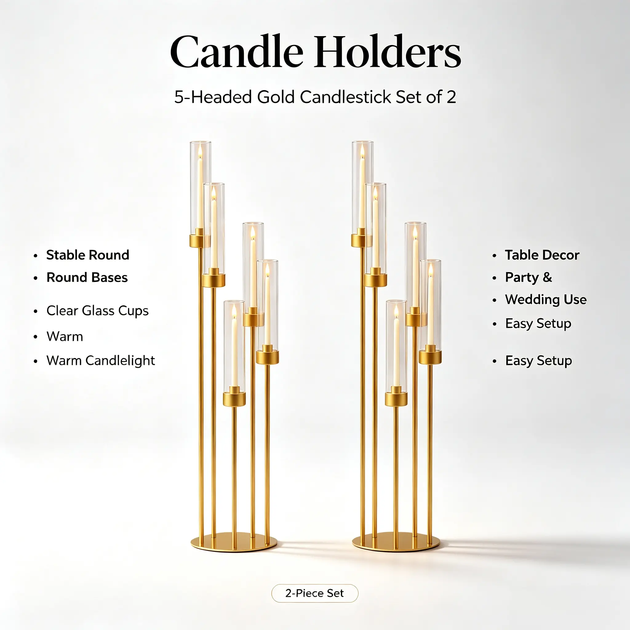 2-Piece Metal 5-Pronged Windproof Glass Candle Holders, Gold/Silver/Black Stands, Compatible with Electronic Candles, Decorative for Weddings, Banquets