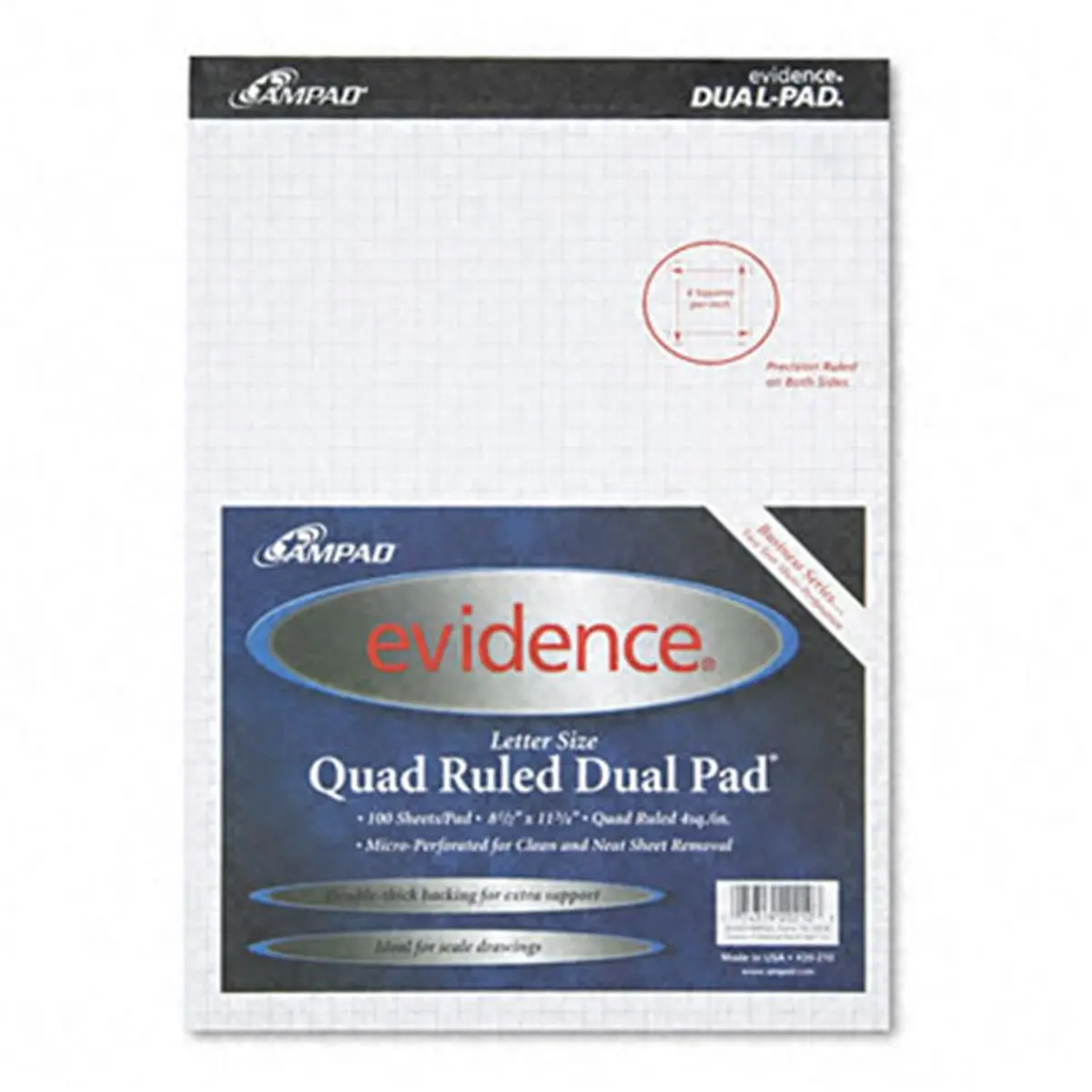Ampad Evidence Quad Dual-Pad Quadrille Rule Letter-Size White Writing Paper Pad, 100 Sheets, Top Binding, 3-Hole Side Punched, Heavy-Duty Stapled, Added Support, School Study Supplies, Office Stationery