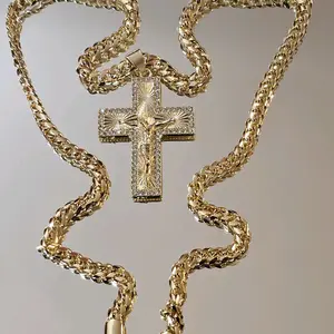 Clear Zircon Stripped 12.5mm Wide 2-1/4 Crucifix with 6mm Cuban Style Chain 24-Inch Gold Plated Cross Pendant Not Water Resistant Youth Jewelry