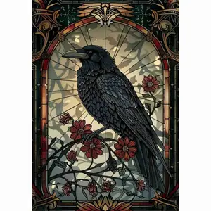 Gothic Black Raven With Red Flowers Stained Glass Art 5D Full Drill Round & Square Diamond Painting Kit, DIY Rhinestone Cross Stitch, Dark Fantasy Bird Wall Decor, Handicraft