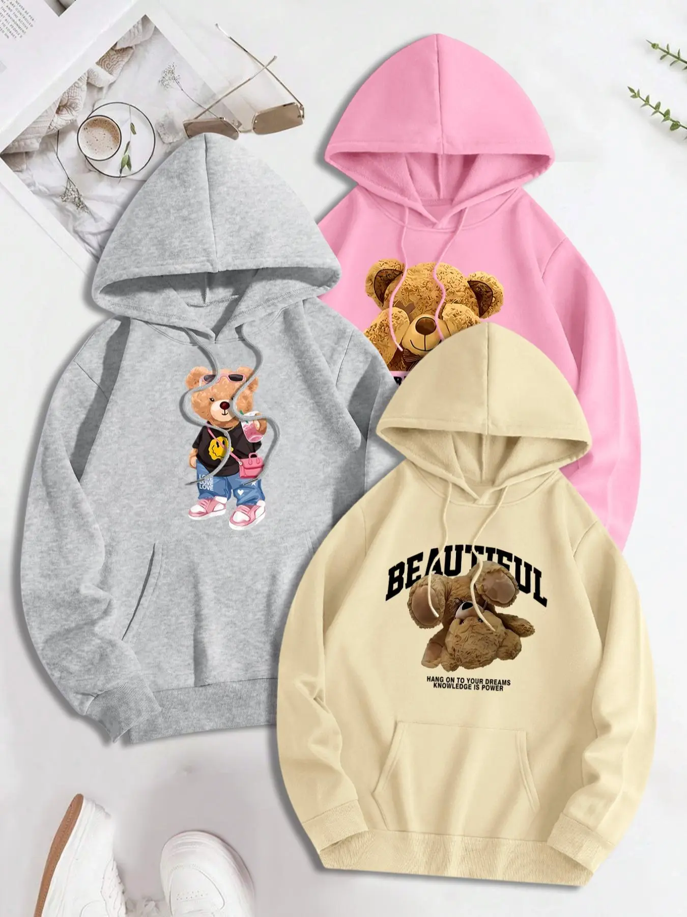 Women's Bear Print Hoodie, Fashion Casual Hooded Sweatshirt for Daily Holiday Outdoor Wear, Women Clothing for Fall & Winter