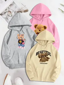 Women's Bear Print Hoodie, Fashion Casual Hooded Sweatshirt for Daily Holiday Outdoor Wear, Women Clothing for Fall & Winter